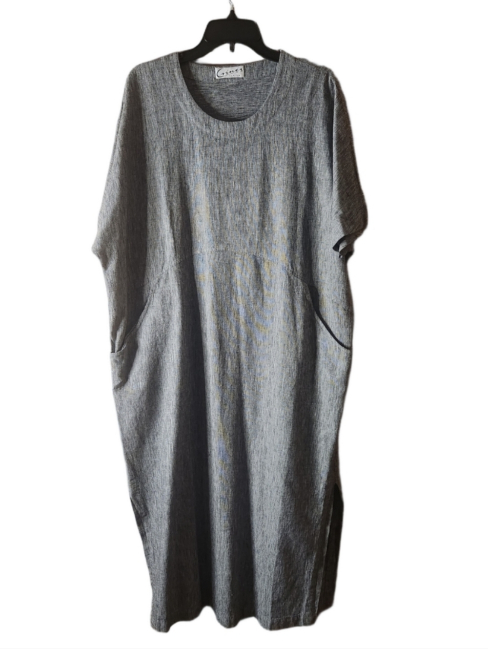 Grines Relaxed Linen-Midi Dress in Heather Gray- Minimalist Lagenlook Size Large
